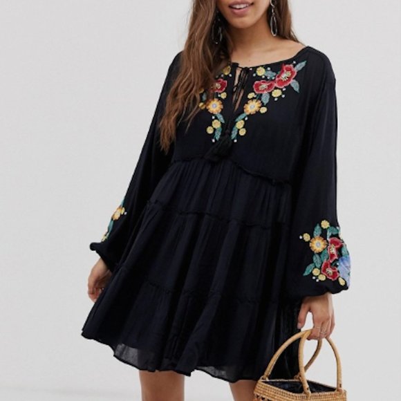 Free People Dress Black Spell on You Mini Dress Floral Embroidery Boho FP - Picture 1 of 4